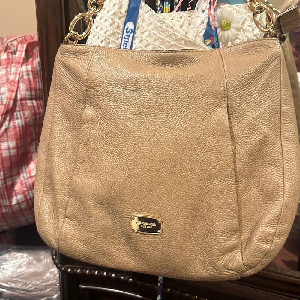 Michael Kors Beige Leather Tote with Gold Accents